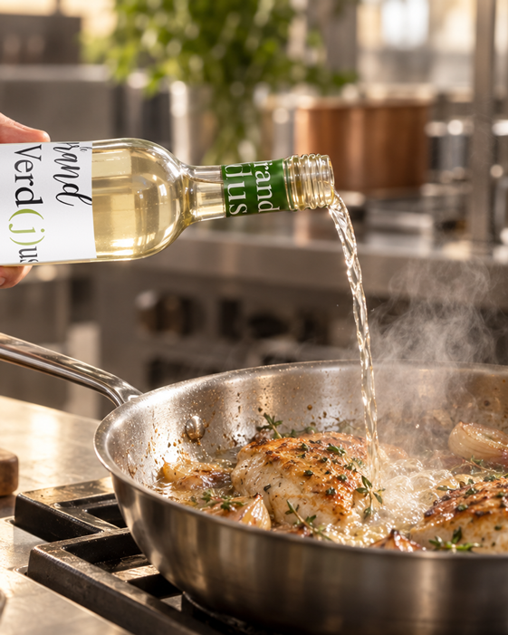 Verjus de raisin Le Grand VerDJUS versé dans une poêle en cuisine pour apporter une acidité fraîche et délicate à une préparation.